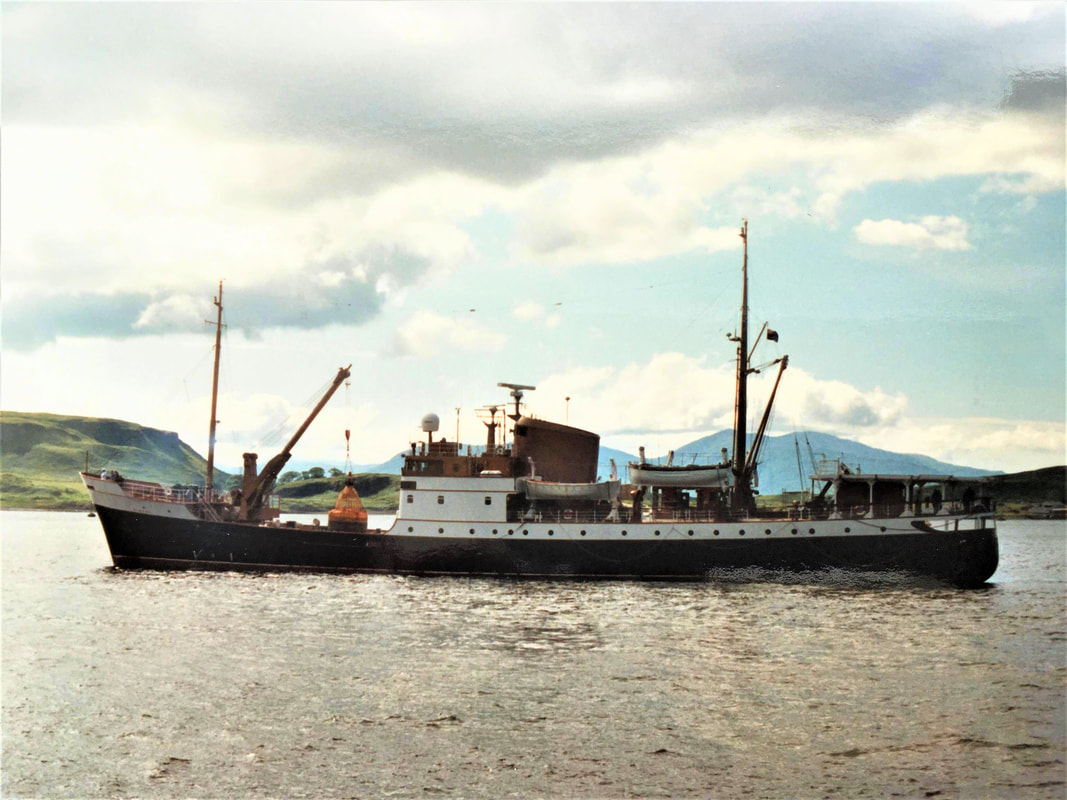 NLV Fingal departing Oban Depot 1985. Island of Kerrera and Isle of Mull in the background. ©Robert McLuckie 1985